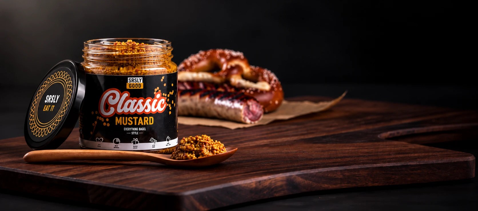 An open jar of SRSLY GOOD Classic Mustard on a walnut board with a spoonful of whole-grain mustard, a soft pretzel and a grilled bratwurst